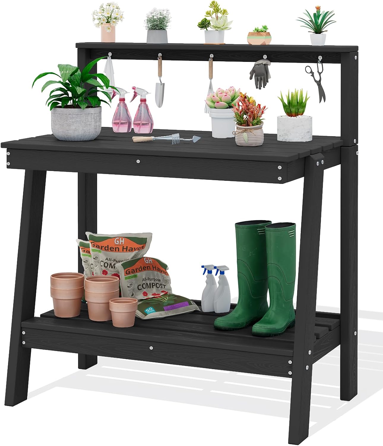 Gardening Tools Uses - โต๊ะปลูกต้นไม้กลางแจ้งแบบ 3 ชั้นพร้อมที่เก็บของ โครงสร้าง HDPE กันน้ำ