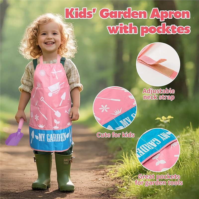 Gardening Tools Kit For Kids - ชุดเครื่องมือทำสวนสีชมพูสำหรับเด็ก พร้อมคราดโลหะ พลั่ว ตะหลิว บัวรดน้ำ ถุงมือ